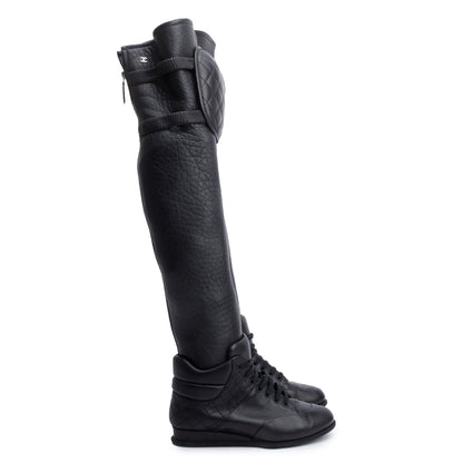 Chanel Black Leather Quilted CC Logo Knee High Sneaker Boots, Size 37