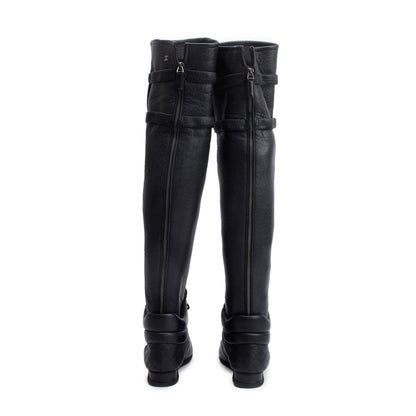 Chanel Black Leather Quilted CC Logo Knee High Sneaker Boots, Size 37