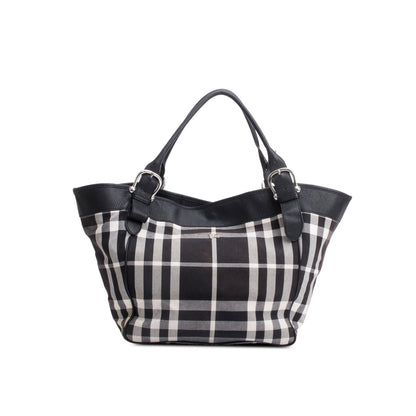 Burberry Black & White Beat Check Canvas Leather Trimmed Beach Tote Bag