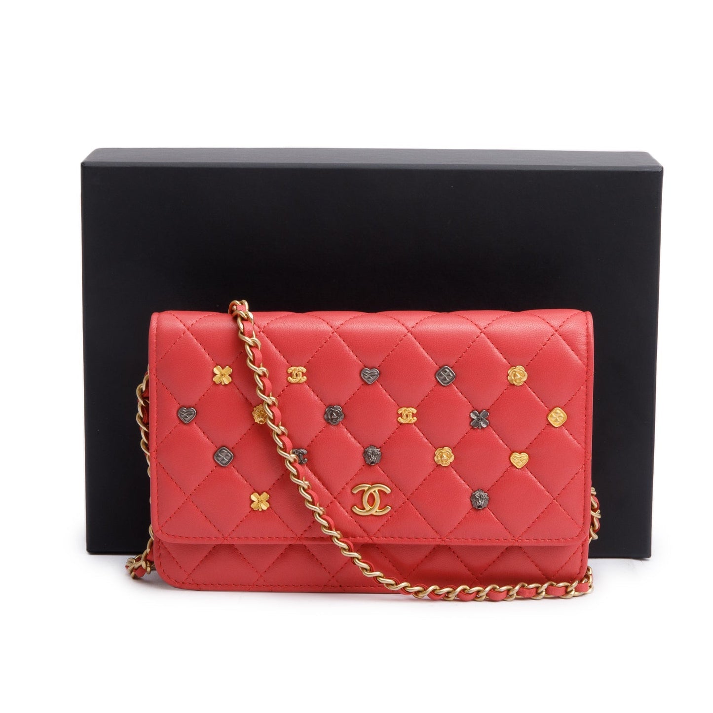 Chanel Pink Quilted Lambskin Leather 18k Lucky Charms Wallet on Chain