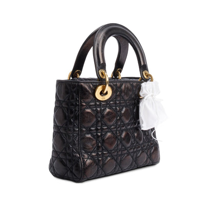 Christian Dior Black Cannage Crinkled Patent Leather Small Lucky Badges Lady Dior Bag