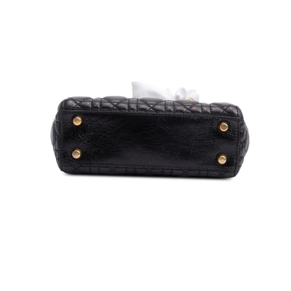 Christian Dior Black Cannage Crinkled Patent Leather Small Lucky Badges Lady Dior Bag
