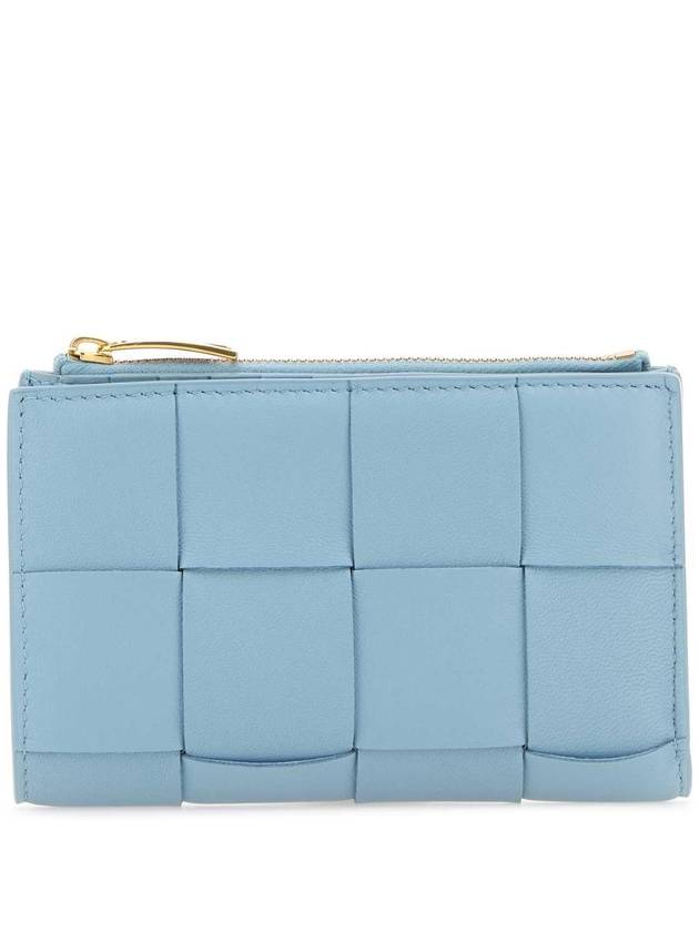 Luxury Bottega Veneta Intrecciato Flap Zipper Medium Half Wallet Light Blue