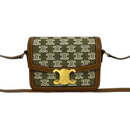 CELINE Shoulder Bag Leather, Canvas Brown logo Metal Teen Triomphe Women