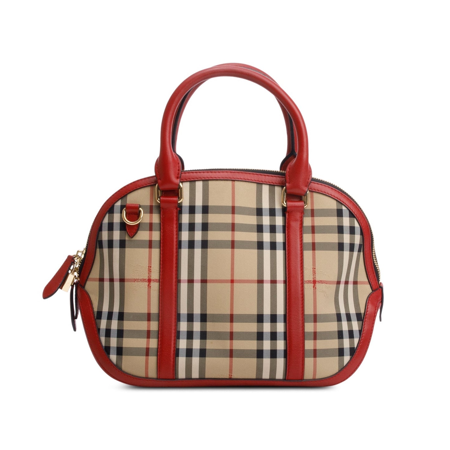 Burberry House Check Red Leather Trim Small Orchard Bowling Bag
