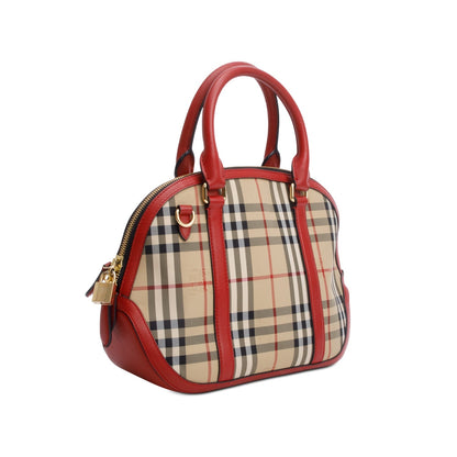 Burberry House Check Red Leather Trim Small Orchard Bowling Bag