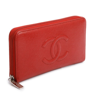 Chanel Red Caviar Leather Timeless CC Continental Zip Wallet