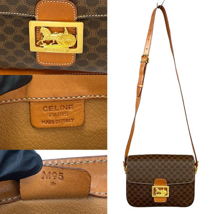CELINE Shoulder Bag Leather, PVC Brown Macadam Blason Triomphe Pattern logo Carriage Metal Women