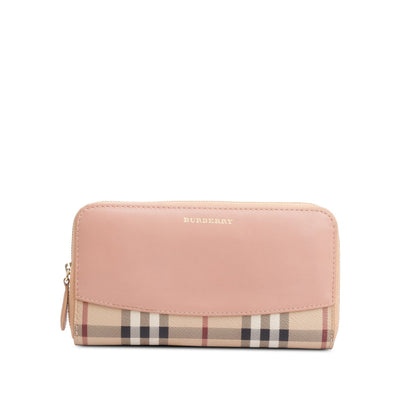Burberry Check Canvas Pink Leather Trim Derby Continental Zip Wallet