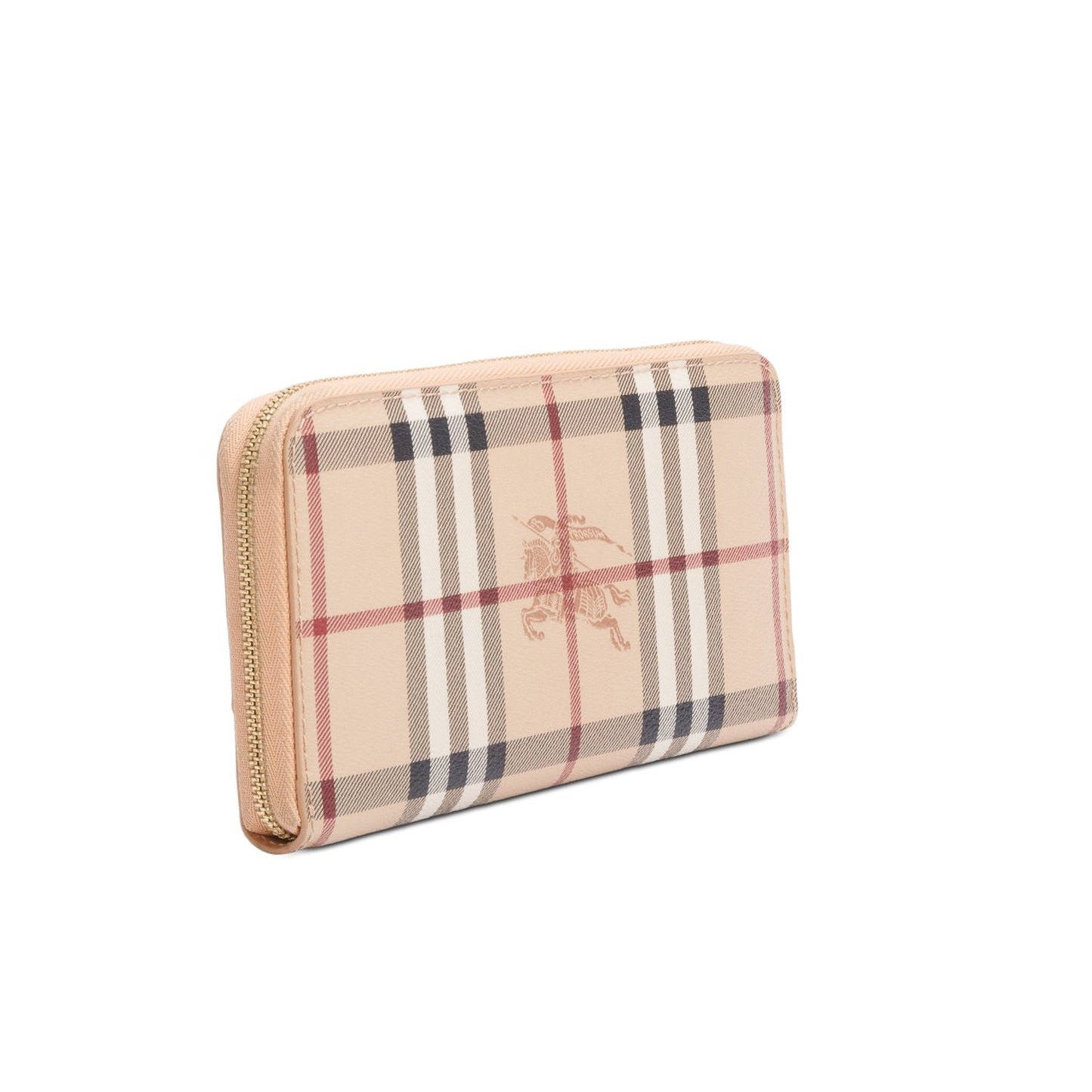 Burberry Check Canvas Pink Leather Trim Derby Continental Zip Wallet