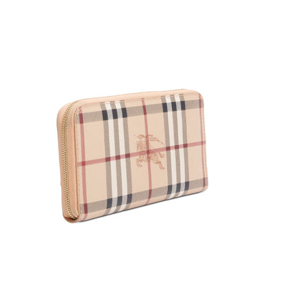 Burberry Check Canvas Pink Leather Trim Derby Continental Zip Wallet