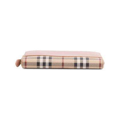 Burberry Check Canvas Pink Leather Trim Derby Continental Zip Wallet
