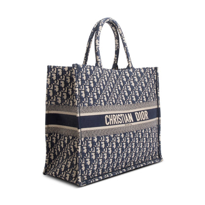Christian Dior Ecru and Blue Dior Oblique Embroidery Large Book Tote