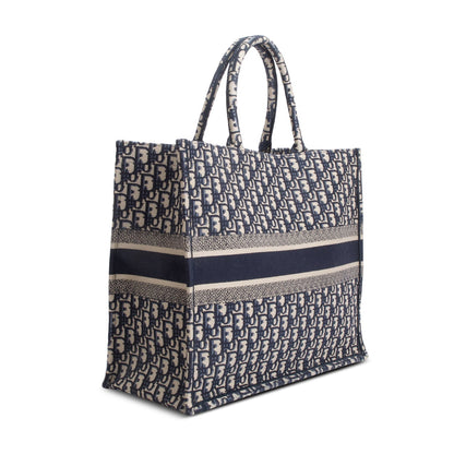 Christian Dior Ecru and Blue Dior Oblique Embroidery Large Book Tote
