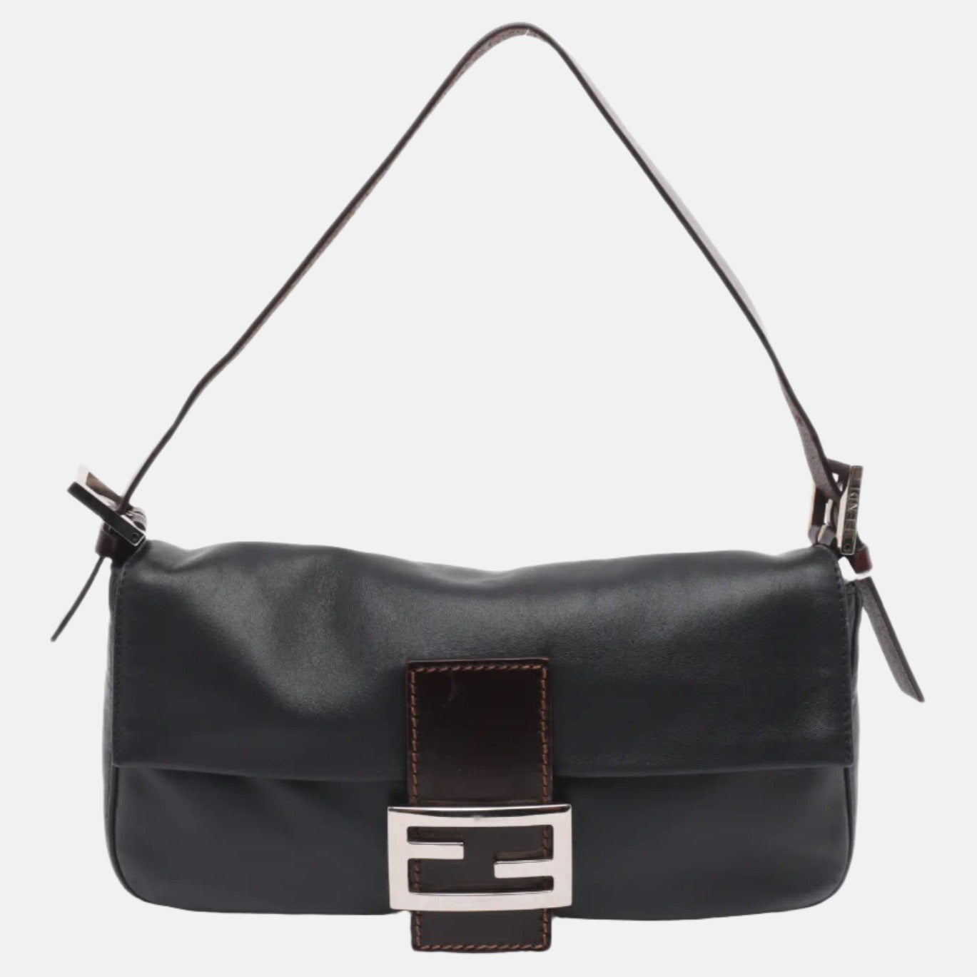 FENDI Baguette Black Lambskin Leather Shoulder Bag Silver Hardware