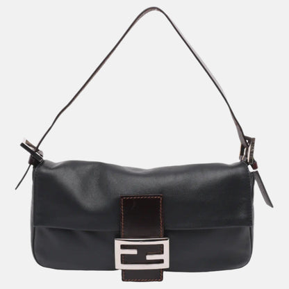FENDI Baguette Black Lambskin Leather Shoulder Bag Silver Hardware