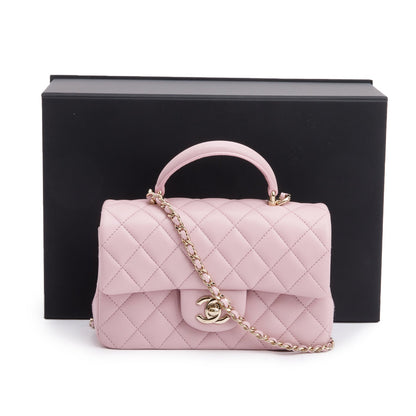 Chanel 2024 Pink Quilted Lambskin Leather Mini Top Handle Rectangular Flap Bag