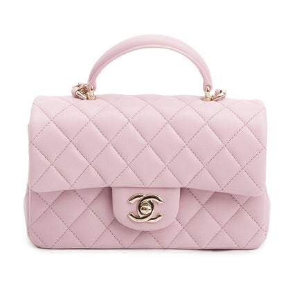 Chanel 2024 Pink Quilted Lambskin Leather Mini Top Handle Rectangular Flap Bag