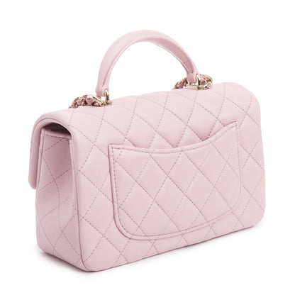 Chanel 2024 Pink Quilted Lambskin Leather Mini Top Handle Rectangular Flap Bag