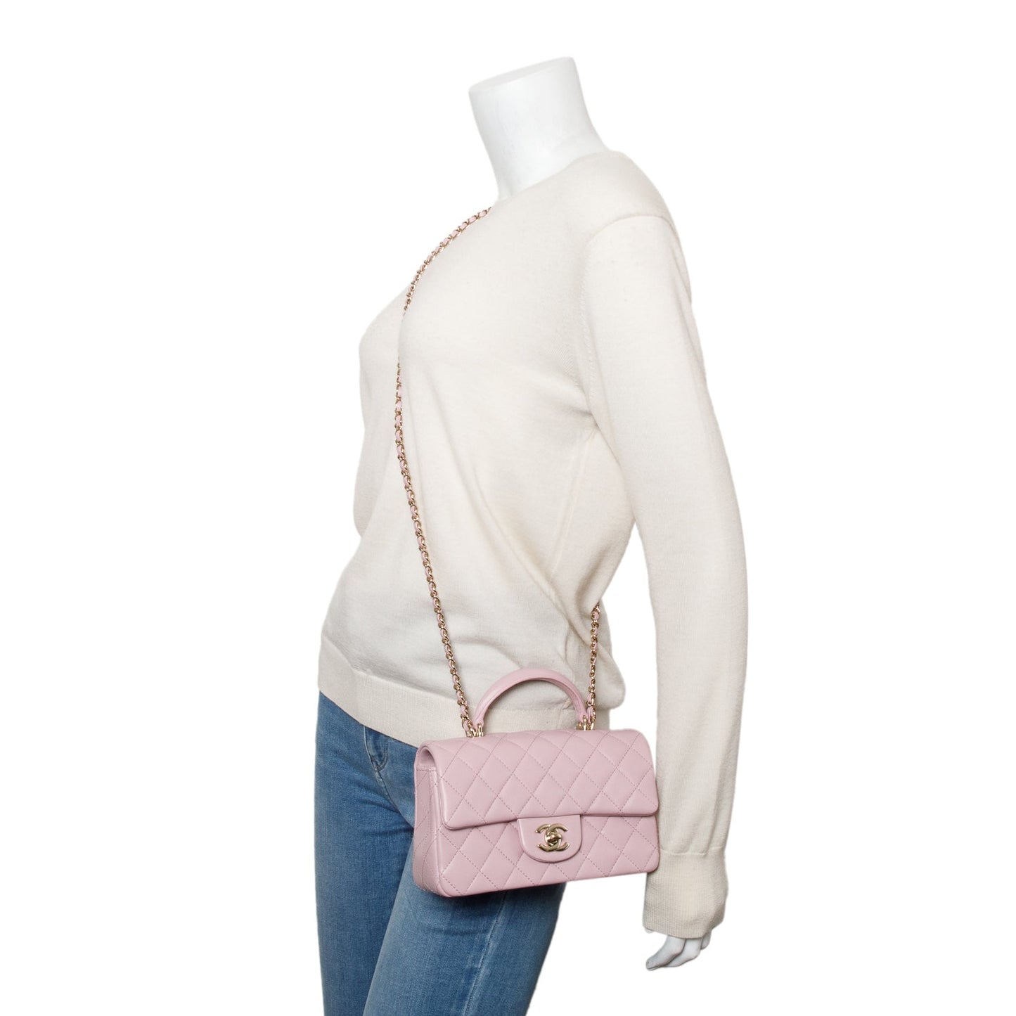 Chanel 2024 Pink Quilted Lambskin Leather Mini Top Handle Rectangular Flap Bag