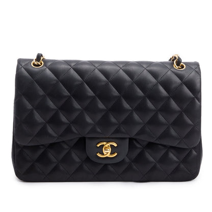 Chanel Black Quilted Lambskin Leather Classic Jumbo Double Flap Bag
