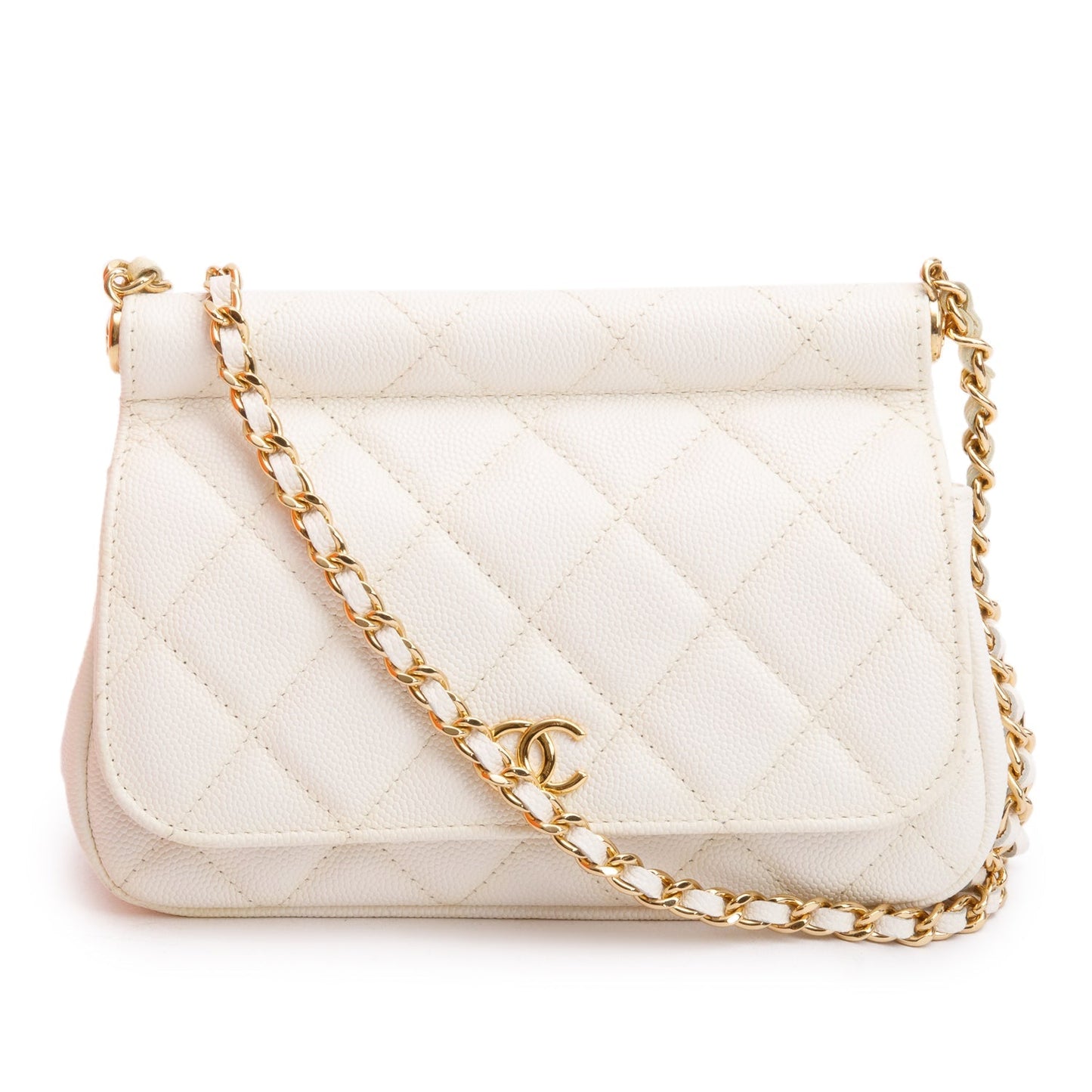 Chanel White Quilted Caviar Leather CC Frame Flap Clutch with Chain