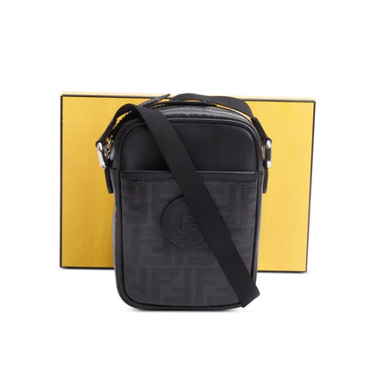 Fendi Black FF Zucca Coated Canvas Black Leather 1974 Double F Mini Camera Bag