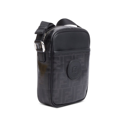Fendi Black FF Zucca Coated Canvas Black Leather 1974 Double F Mini Camera Bag