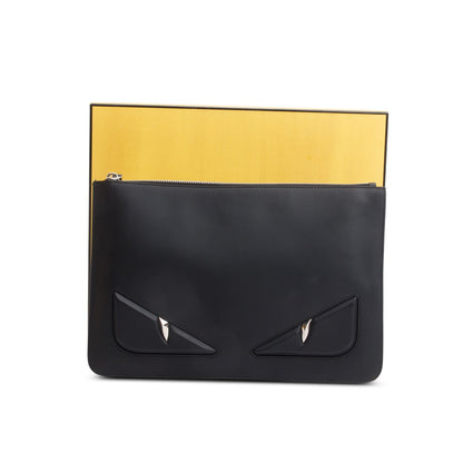 Fendi Black Calfskin Leather Monster Eye Zip Clutch