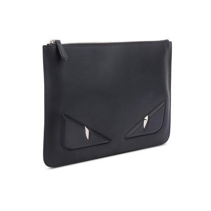 Fendi Black Calfskin Leather Monster Eye Zip Clutch