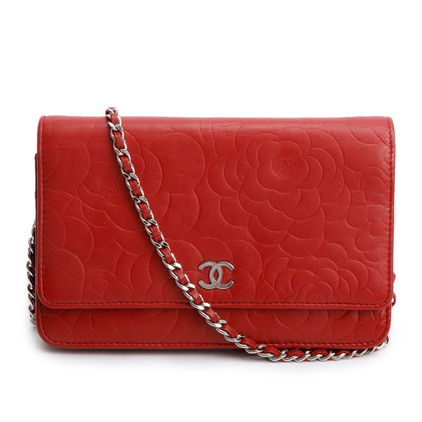 Chanel Red Quilted Lambskin Leather Camellia Classic Wallet on Chain