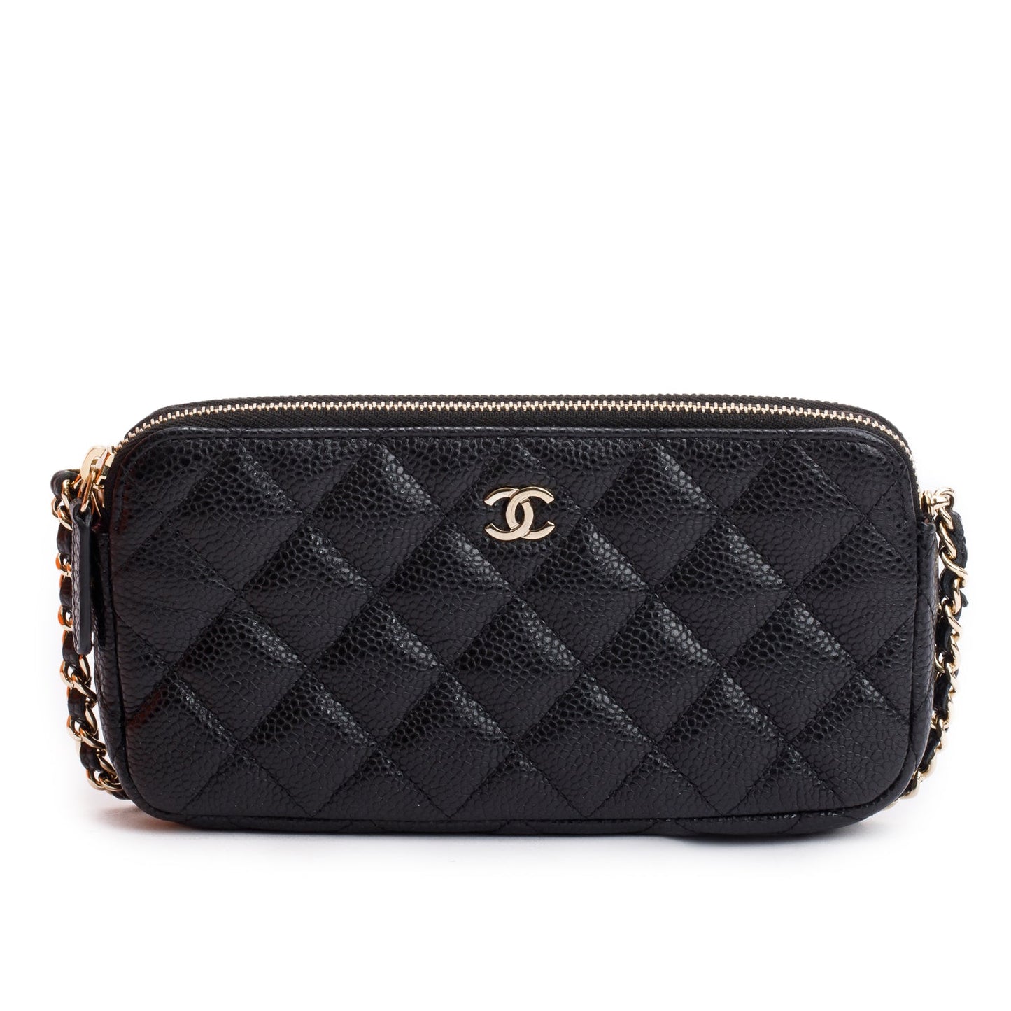Chanel Black Quilted Caviar Leather Classic Double Zip Wallet on Chain