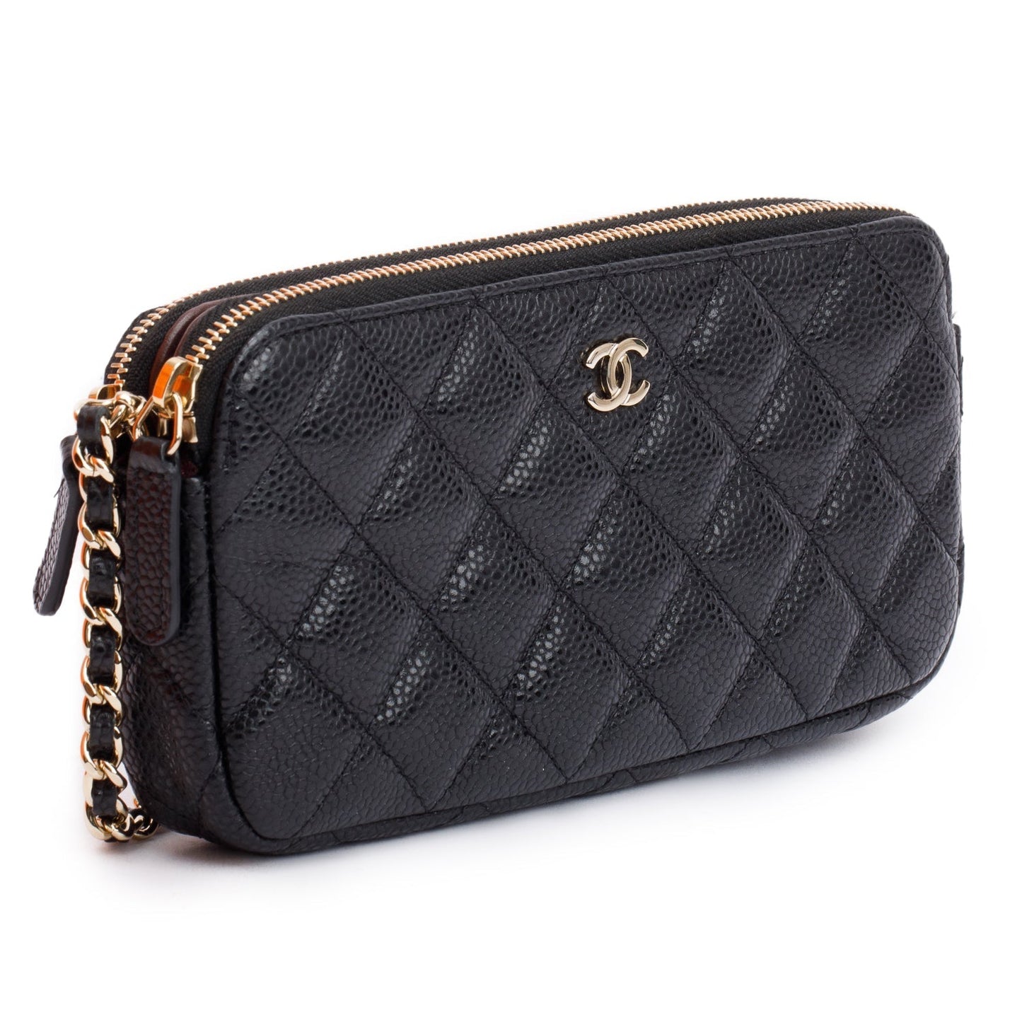 Chanel Black Quilted Caviar Leather Classic Double Zip Wallet on Chain