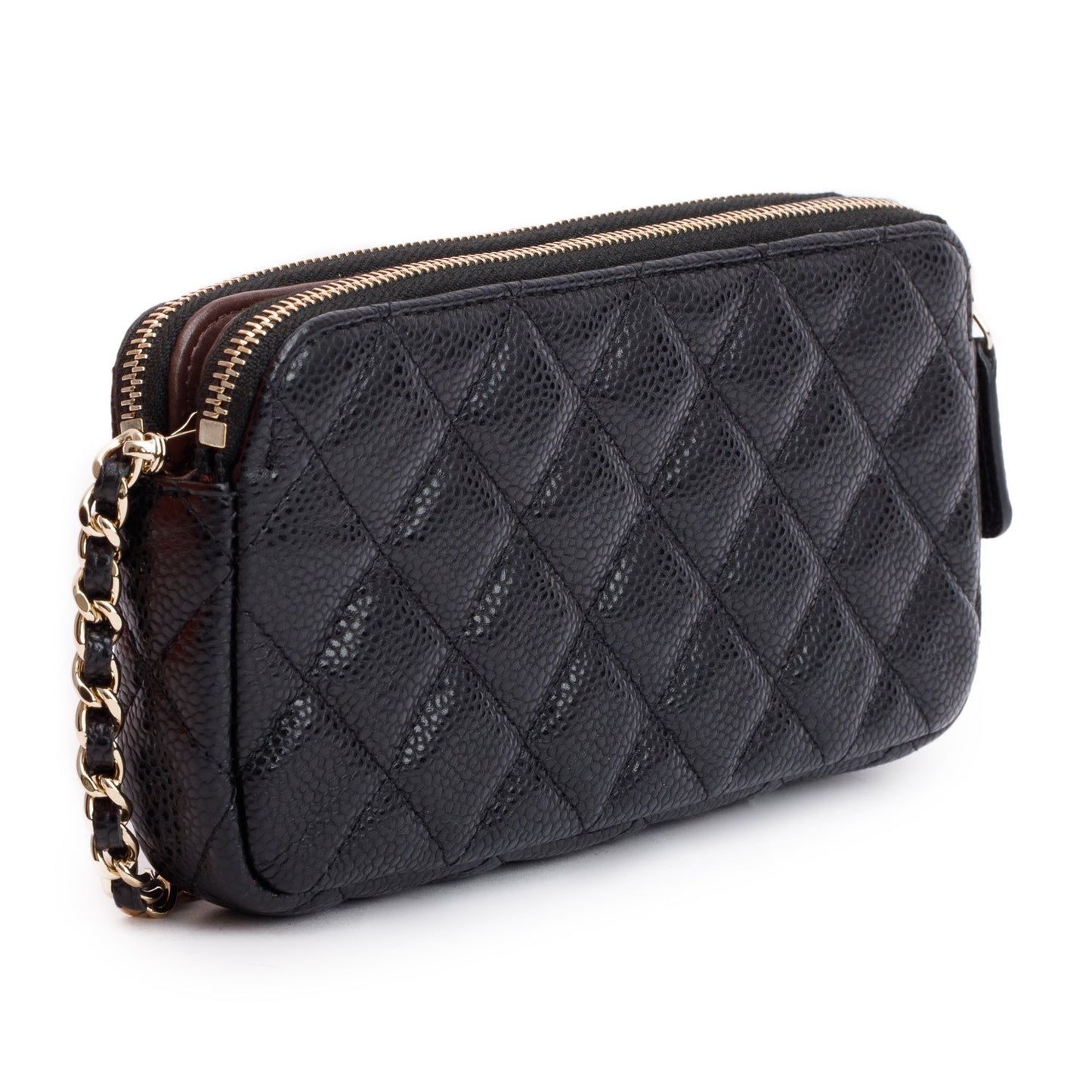 Chanel Black Quilted Caviar Leather Classic Double Zip Wallet on Chain