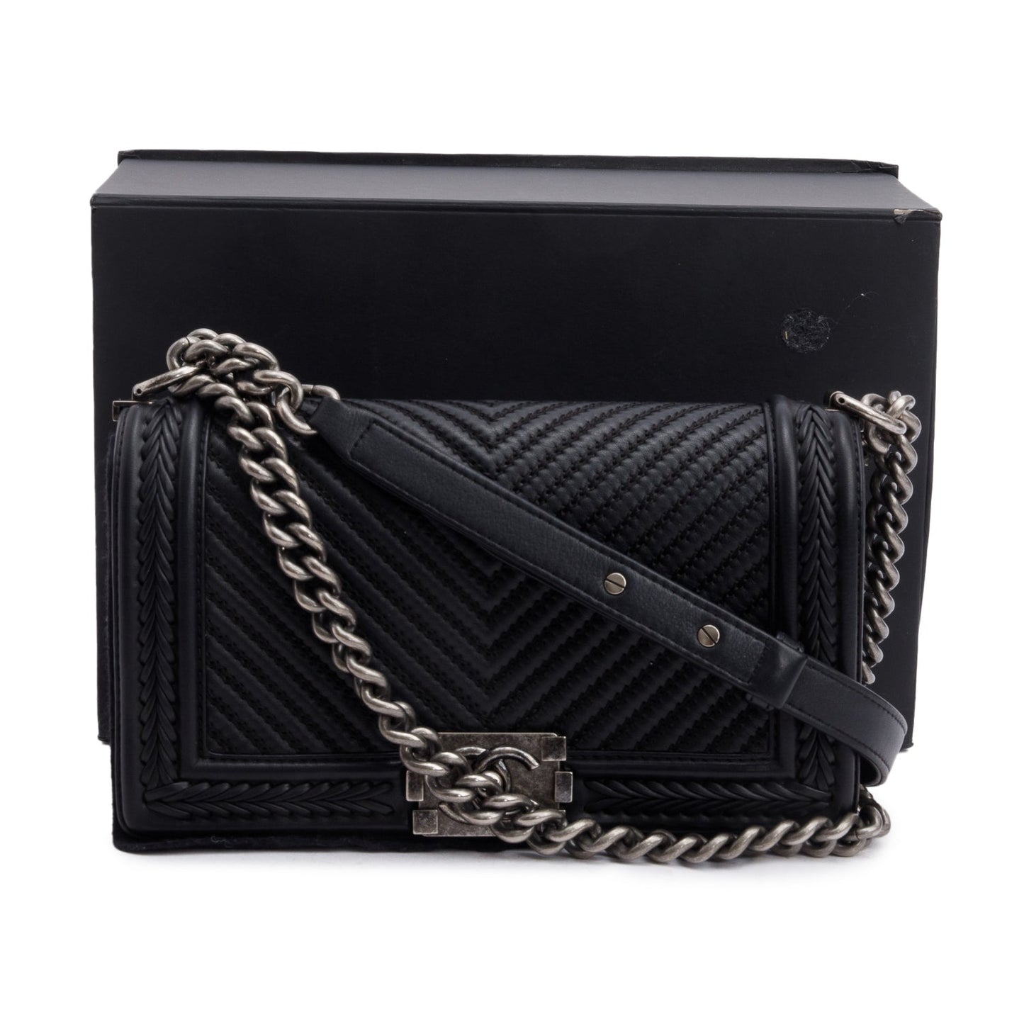 Chanel Black Chevron Quilted Calfskin Leather Whipstitch Medium Boy Bag