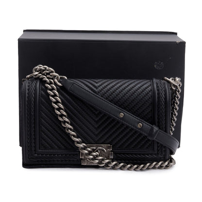 Chanel Black Chevron Quilted Calfskin Leather Whipstitch Medium Boy Bag