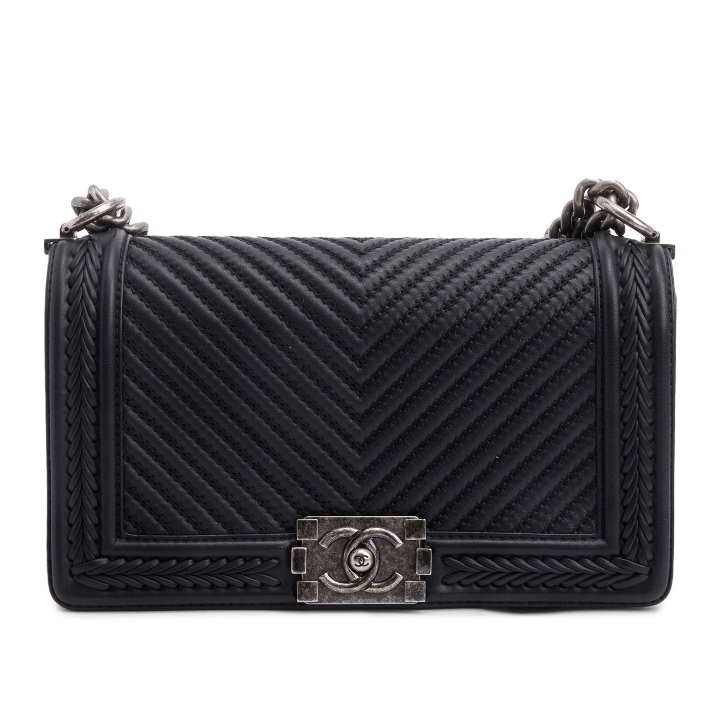 Chanel Black Chevron Quilted Calfskin Leather Whipstitch Medium Boy Bag