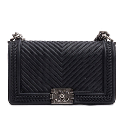 Chanel Black Chevron Quilted Calfskin Leather Whipstitch Medium Boy Bag