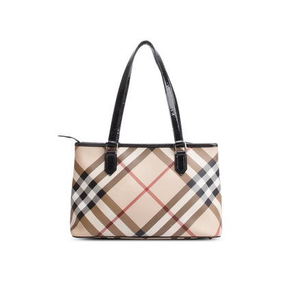 Burberry Super Nova Check Black Patent Leather Trim Small Tote