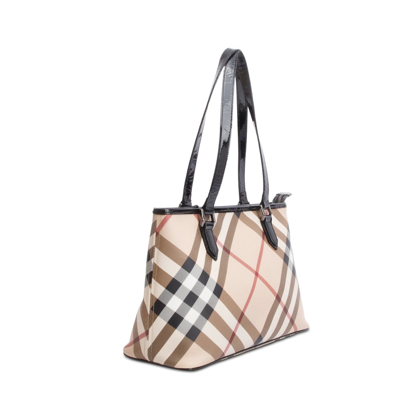 Burberry Super Nova Check Black Patent Leather Trim Small Tote
