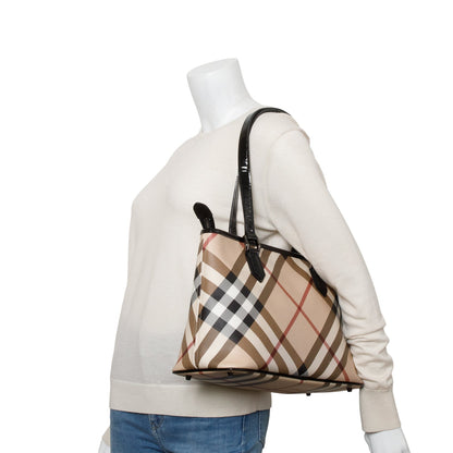 Burberry Super Nova Check Black Patent Leather Trim Small Tote
