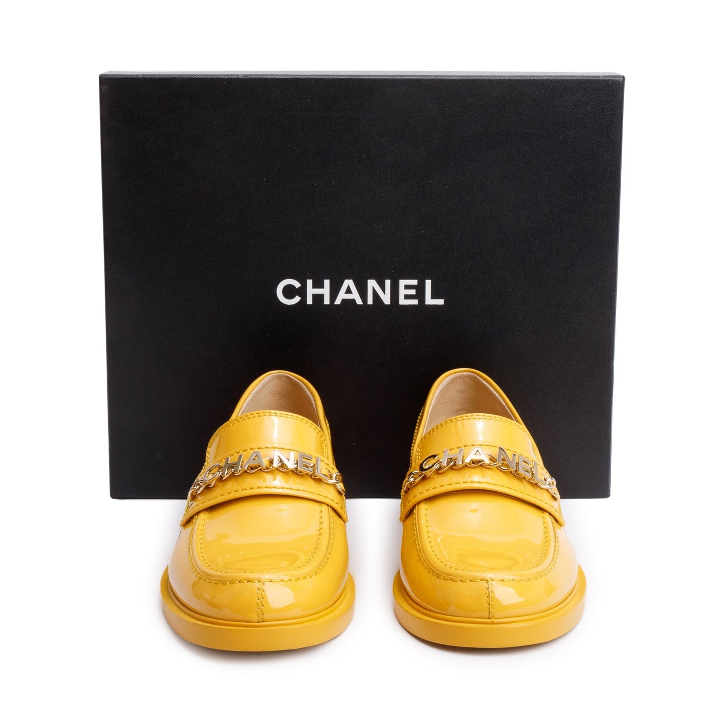 Chanel Yellow Patent Leather Chain Logo Loafer, Size 39