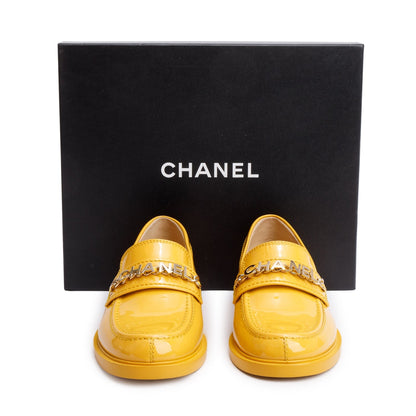 Chanel Yellow Patent Leather Chain Logo Loafer, Size 39