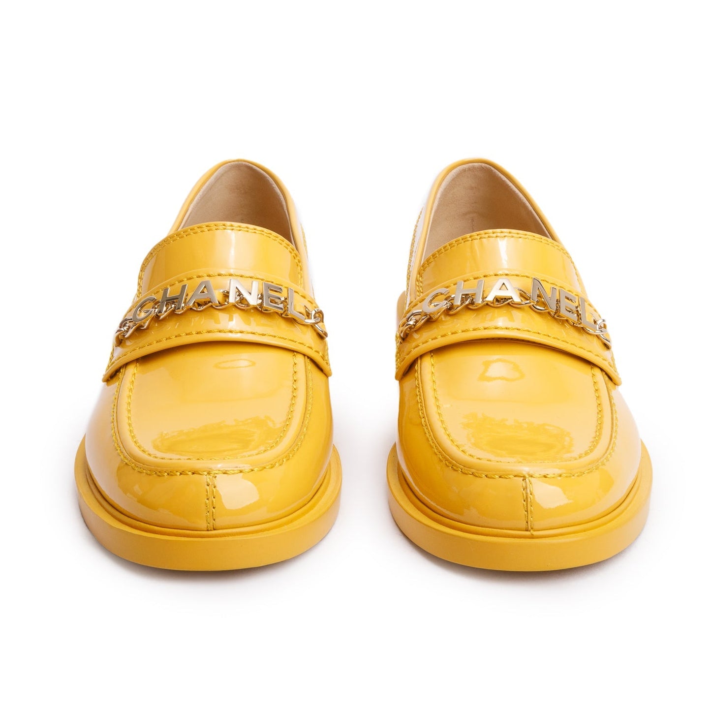 Chanel Yellow Patent Leather Chain Logo Loafer, Size 39