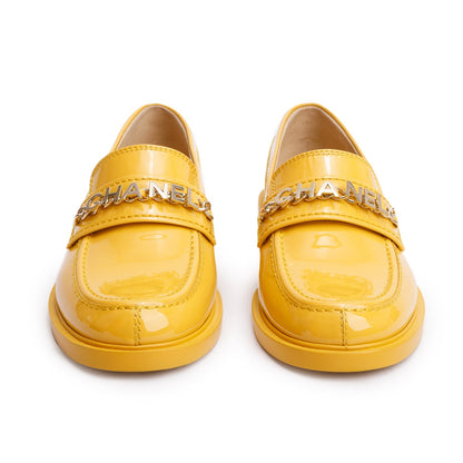 Chanel Yellow Patent Leather Chain Logo Loafer, Size 39