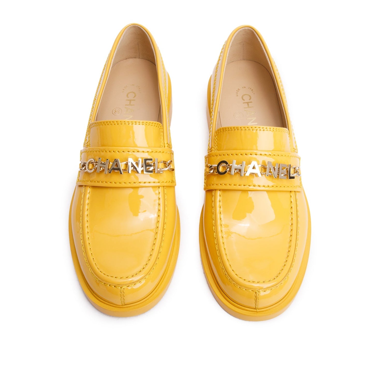 Chanel Yellow Patent Leather Chain Logo Loafer, Size 39