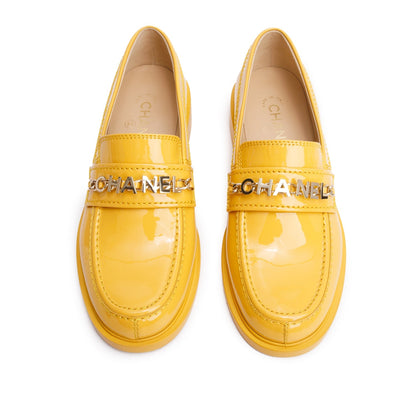 Chanel Yellow Patent Leather Chain Logo Loafer, Size 39