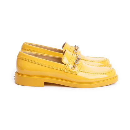 Chanel Yellow Patent Leather Chain Logo Loafer, Size 39