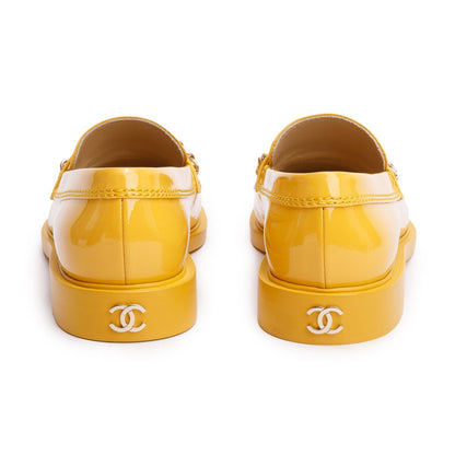 Chanel Yellow Patent Leather Chain Logo Loafer, Size 39