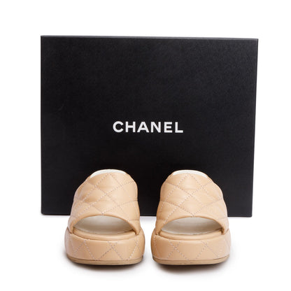 Chanel Beige Quilted Lambskin Leather Camellia CC Wedge Slide Sandals, Size36